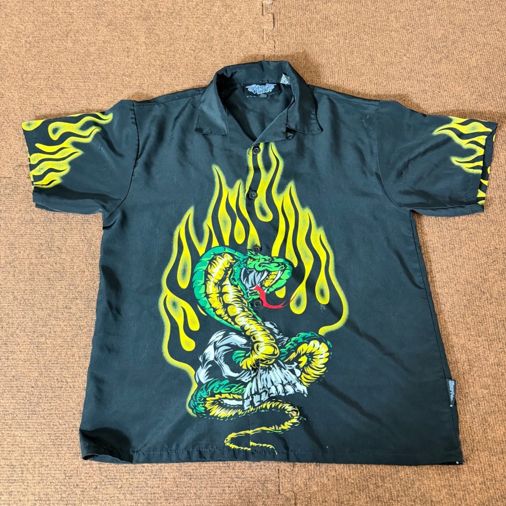 Silver Point Kids Cobra Snake Flames Button Down Shirt Black‎ Size M Streetwear